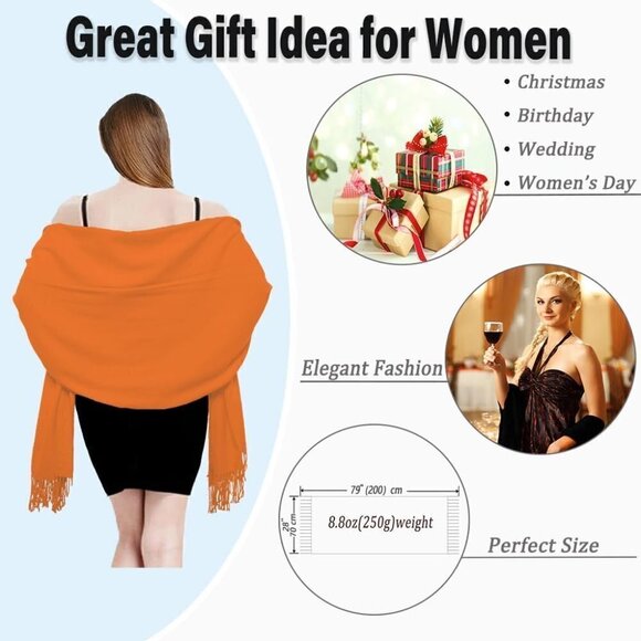 Women's Scarf Pashmina Shawls and Wraps Winter Warm Silky Scarves -Orange Solid - Picture 4 of 6